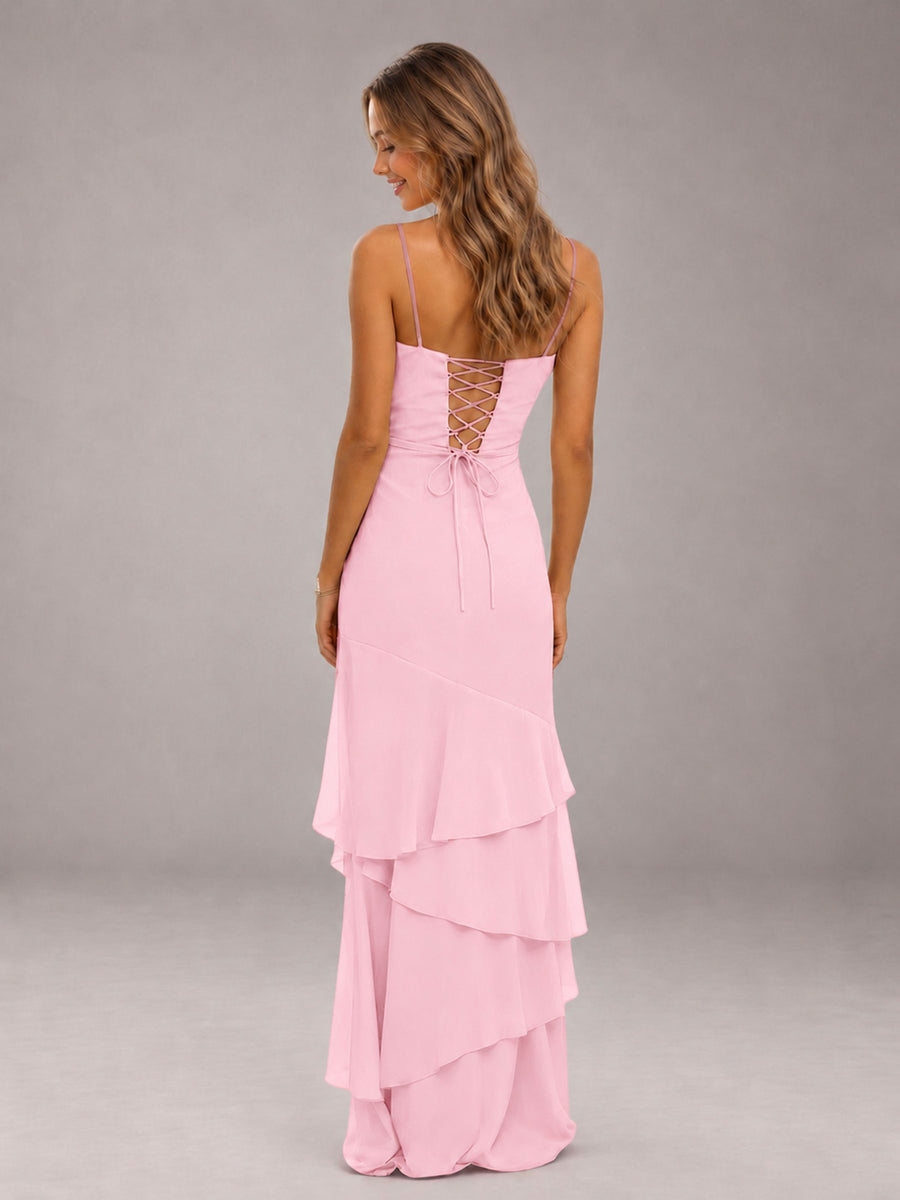 Candy Pink Spaghetti Straps Ruffled Chiffon Floor Length Bridesmaid Dress