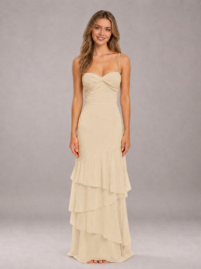Champagne Spaghetti Straps Ruffled Chiffon Floor Length Bridesmaid Dress