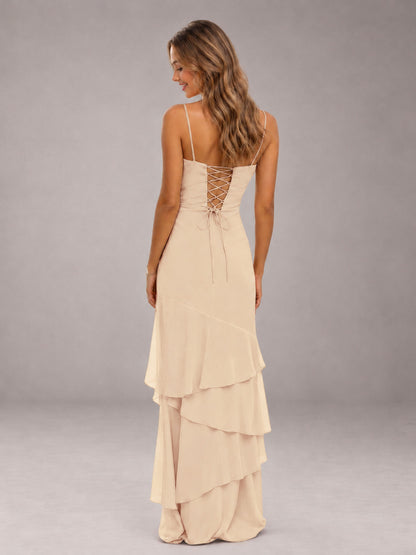 Champagne Spaghetti Straps Ruffled Chiffon Floor Length Bridesmaid Dress
