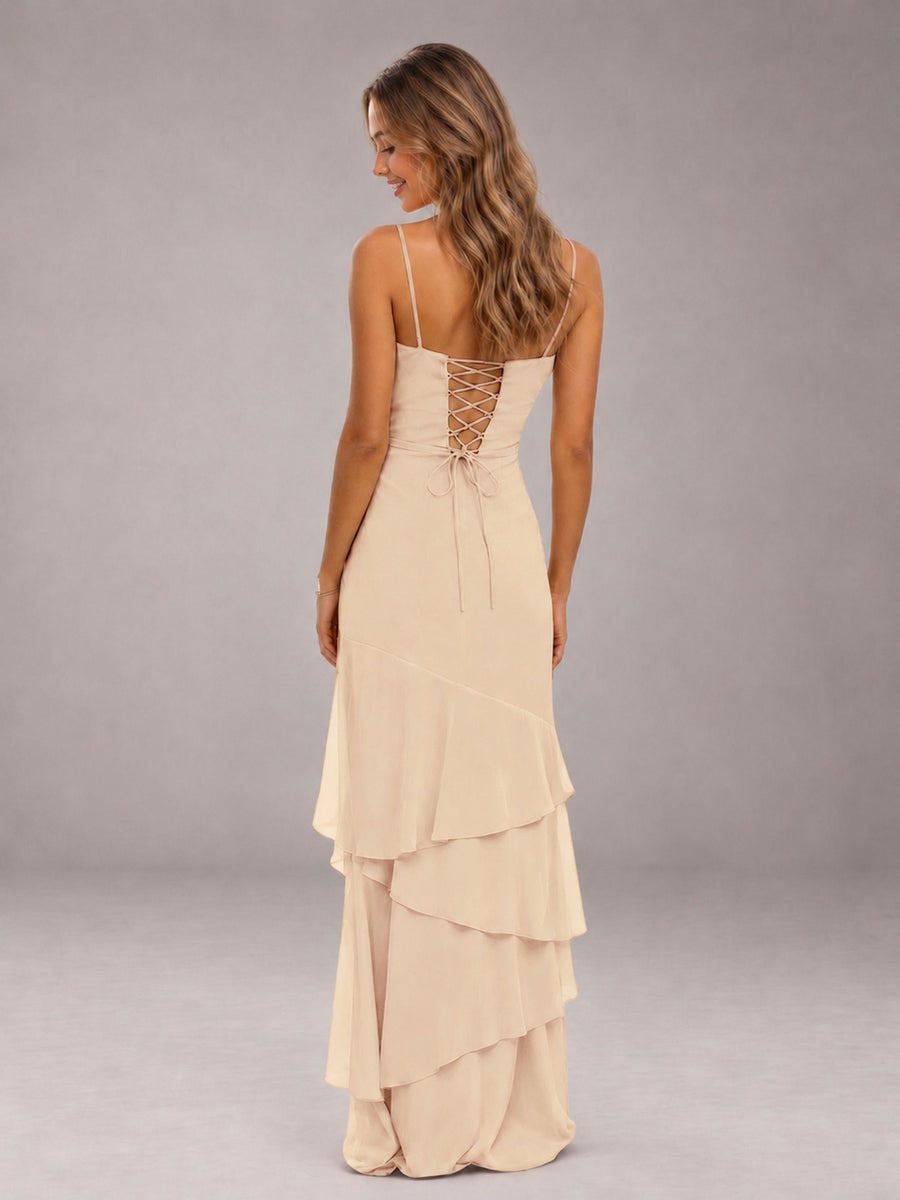 Champagne Spaghetti Straps Ruffled Chiffon Floor Length Bridesmaid Dress