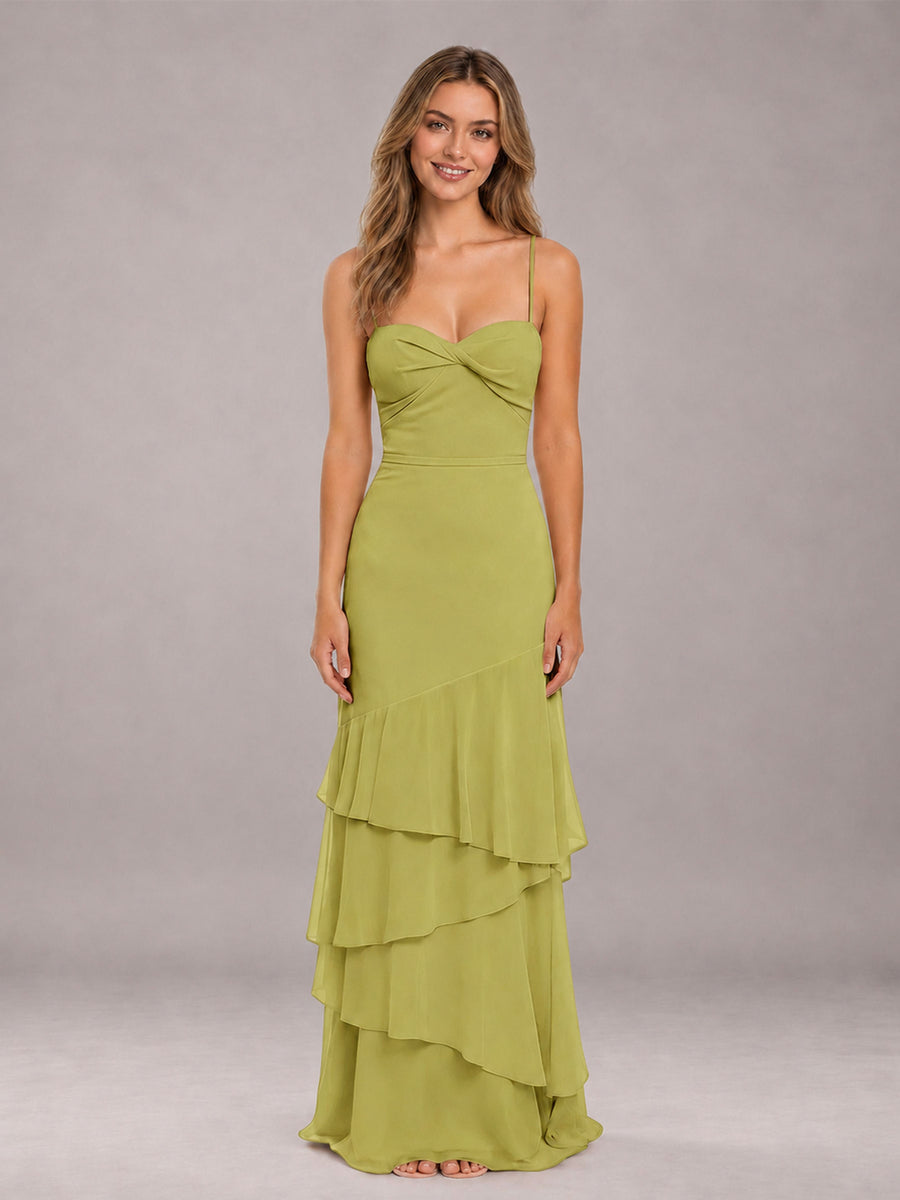 Chartreuse Spaghetti Straps Ruffled Chiffon Floor Length Bridesmaid Dress