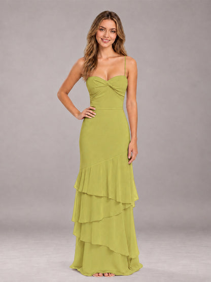 Chartreuse Spaghetti Straps Ruffled Chiffon Floor Length Bridesmaid Dress
