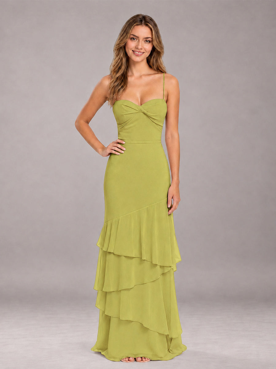 Chartreuse Spaghetti Straps Ruffled Chiffon Floor Length Bridesmaid Dress
