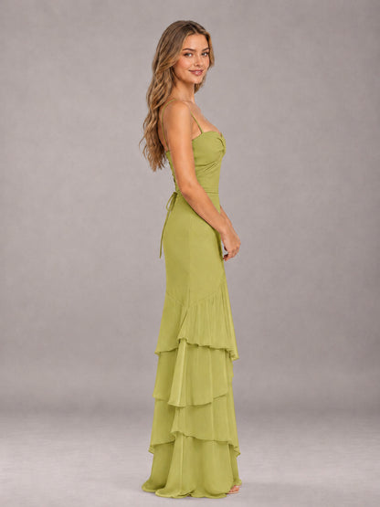 Chartreuse Spaghetti Straps Ruffled Chiffon Floor Length Bridesmaid Dress