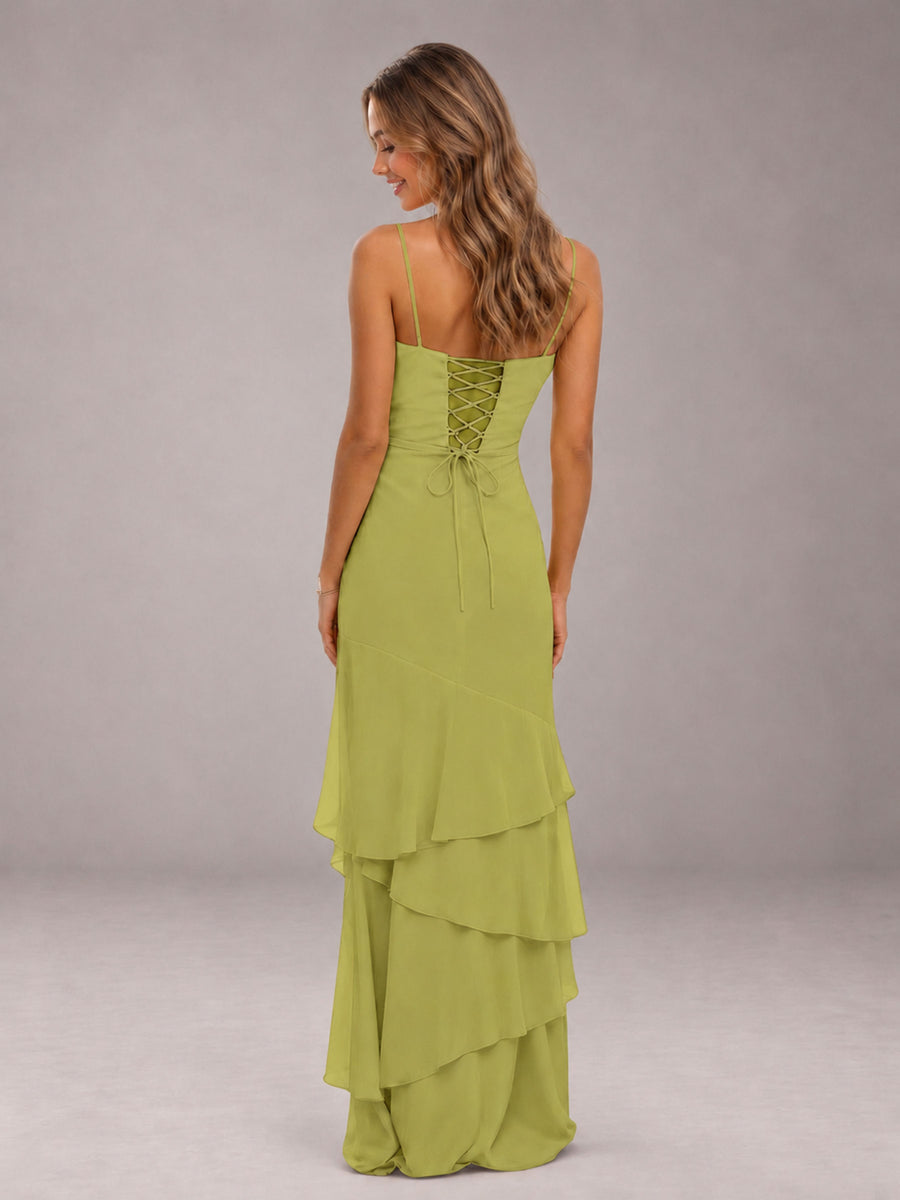 Chartreuse Spaghetti Straps Ruffled Chiffon Floor Length Bridesmaid Dress