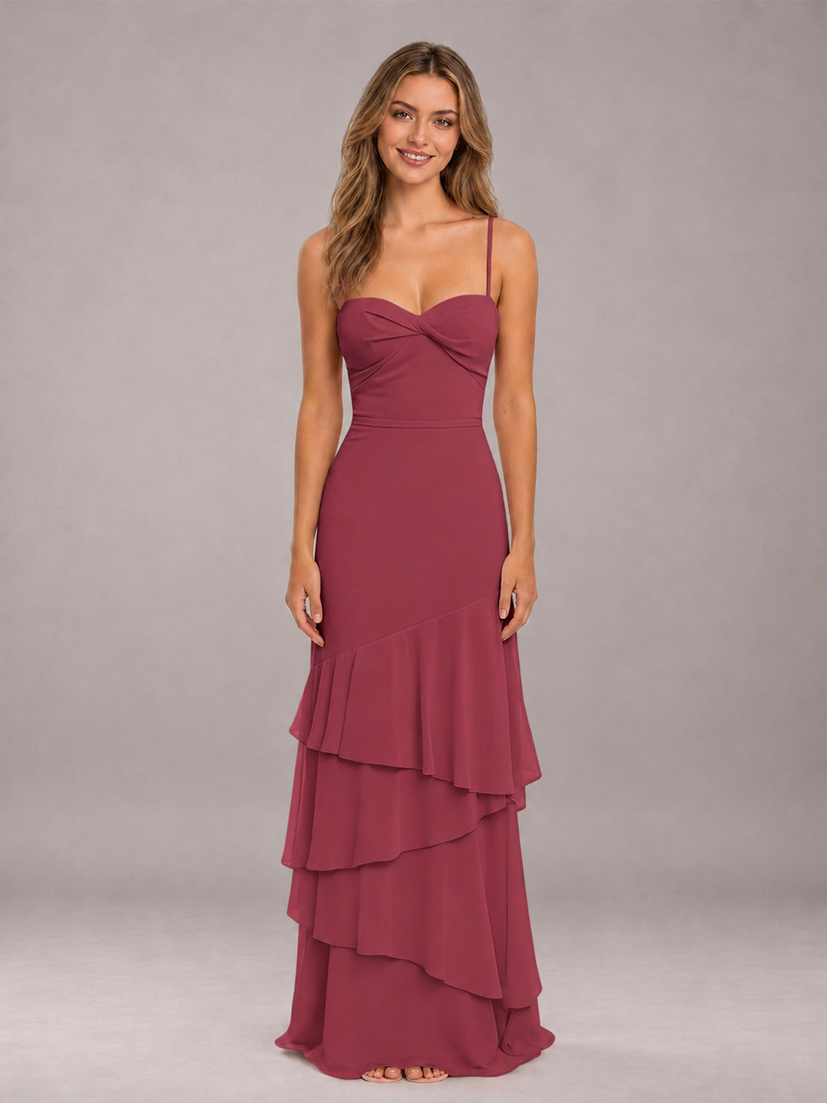 Cinnamon Rose Spaghetti Straps Ruffled Chiffon Floor Length Bridesmaid Dress