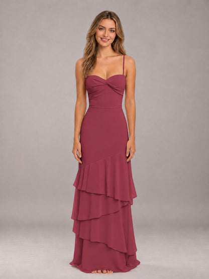 Cinnamon Rose Spaghetti Straps Ruffled Chiffon Floor Length Bridesmaid Dress