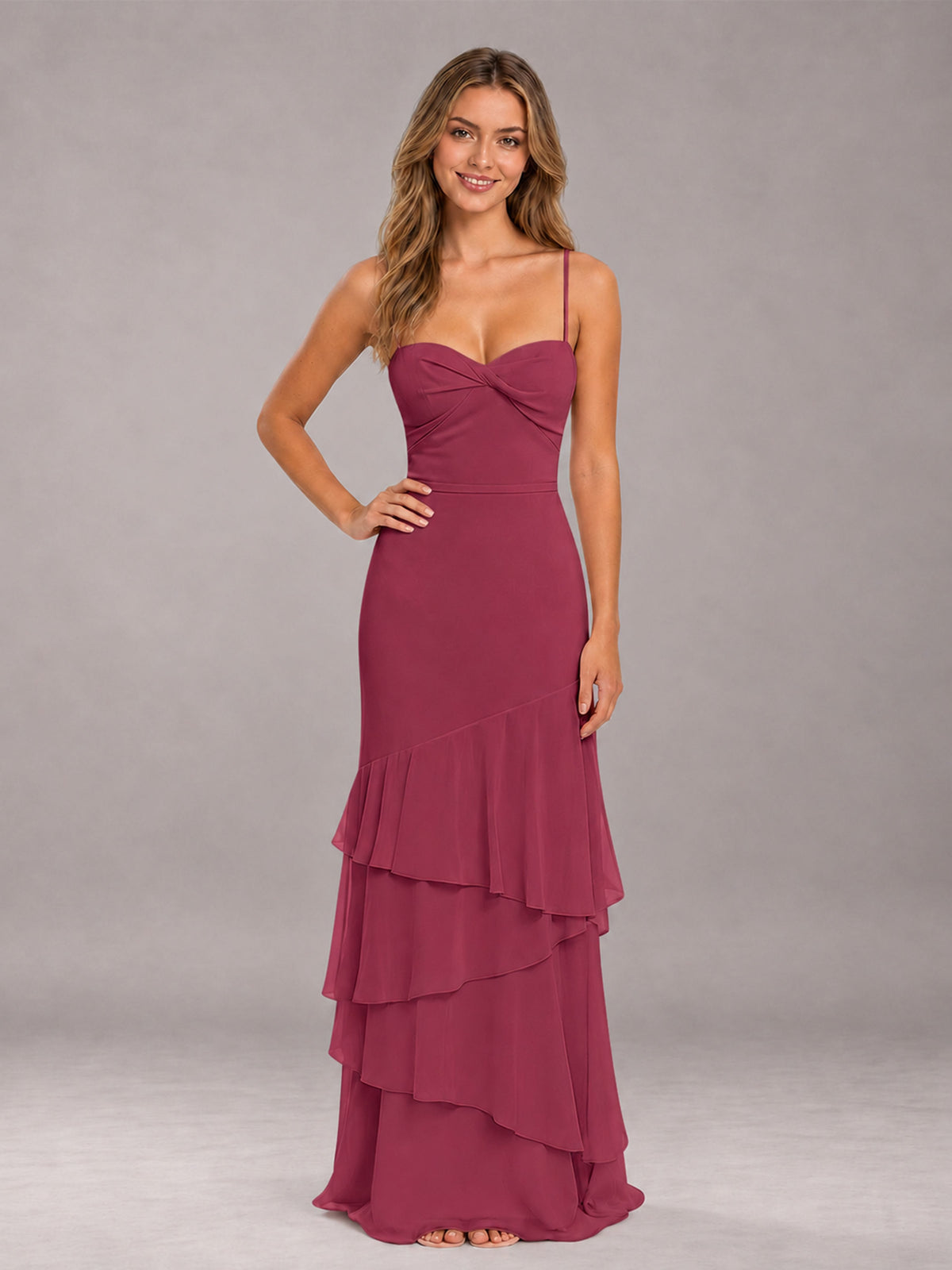 Cinnamon Rose Spaghetti Straps Ruffled Chiffon Floor Length Bridesmaid Dress