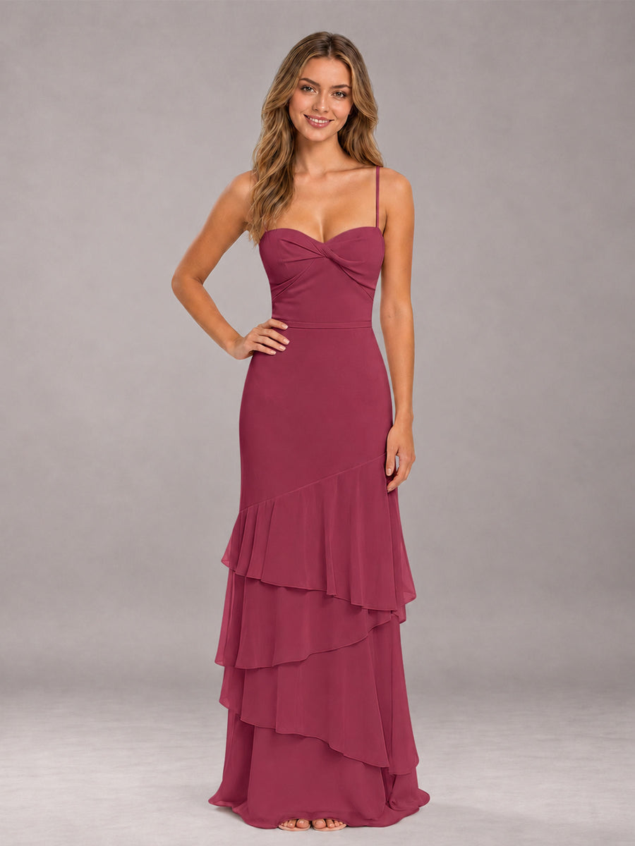 Cinnamon Rose Spaghetti Straps Ruffled Chiffon Floor Length Bridesmaid Dress