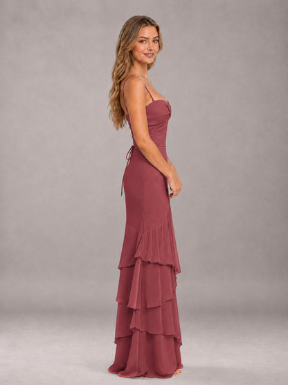 Cinnamon Rose Spaghetti Straps Ruffled Chiffon Floor Length Bridesmaid Dress
