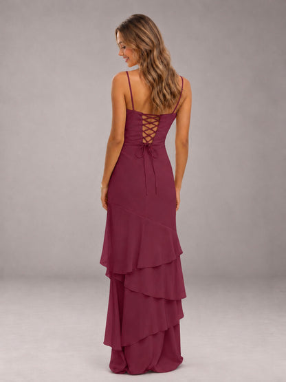 Cinnamon Rose Spaghetti Straps Ruffled Chiffon Floor Length Bridesmaid Dress