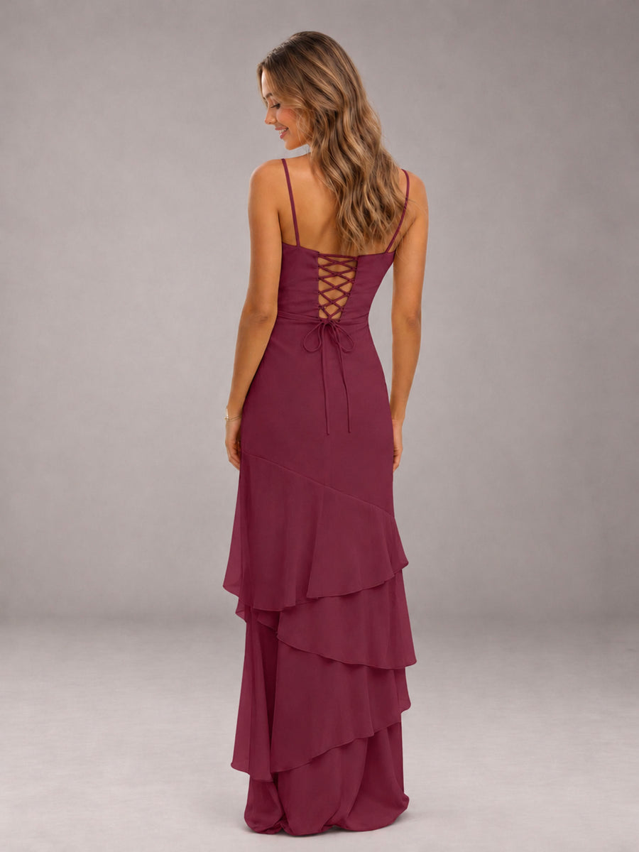 Cinnamon Rose Spaghetti Straps Ruffled Chiffon Floor Length Bridesmaid Dress