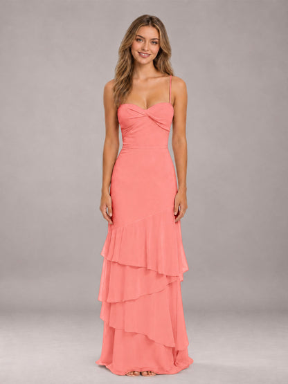 Coral Spaghetti Straps Ruffled Chiffon Floor Length Bridesmaid Dress