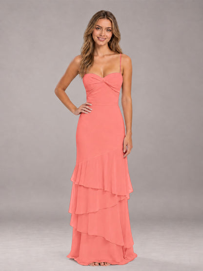 Coral Spaghetti Straps Ruffled Chiffon Floor Length Bridesmaid Dress