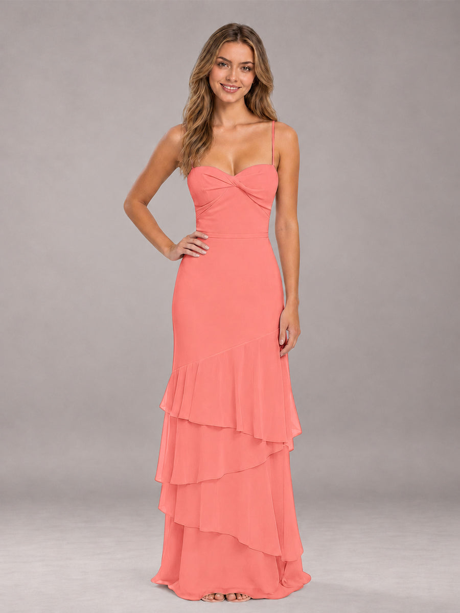 Coral Spaghetti Straps Ruffled Chiffon Floor Length Bridesmaid Dress
