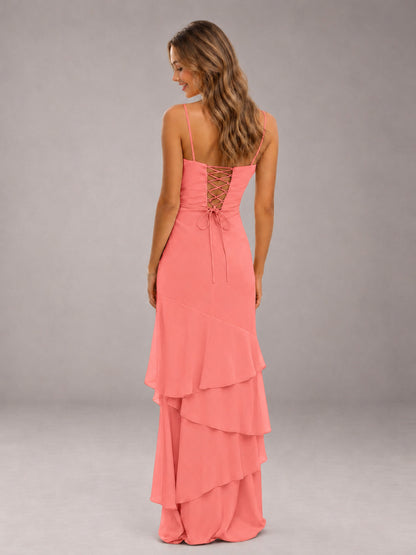 Coral Spaghetti Straps Ruffled Chiffon Floor Length Bridesmaid Dress
