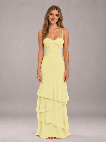 Daffodil Spaghetti Straps Ruffled Chiffon Floor Length Bridesmaid Dress