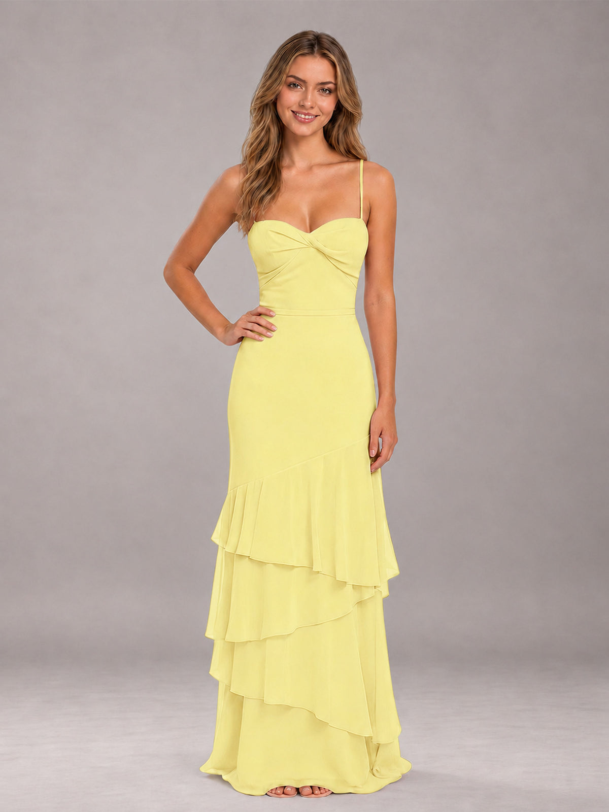 Daffodil Spaghetti Straps Ruffled Chiffon Floor Length Bridesmaid Dress