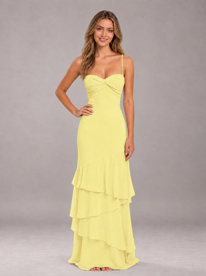 Daffodil Spaghetti Straps Ruffled Chiffon Floor Length Bridesmaid Dress