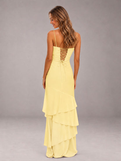 Daffodil Spaghetti Straps Ruffled Chiffon Floor Length Bridesmaid Dress