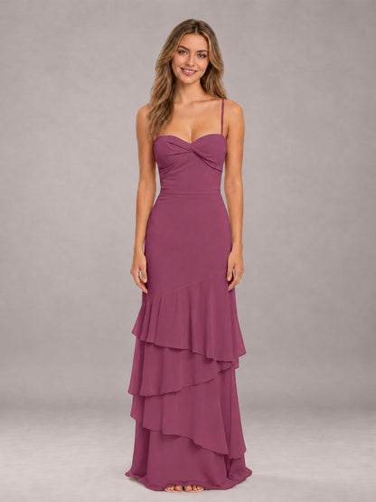 Desert Rose Spaghetti Straps Ruffled Chiffon Floor Length Bridesmaid Dress