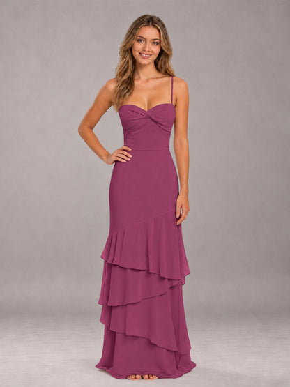 Desert Rose Spaghetti Straps Ruffled Chiffon Floor Length Bridesmaid Dress
