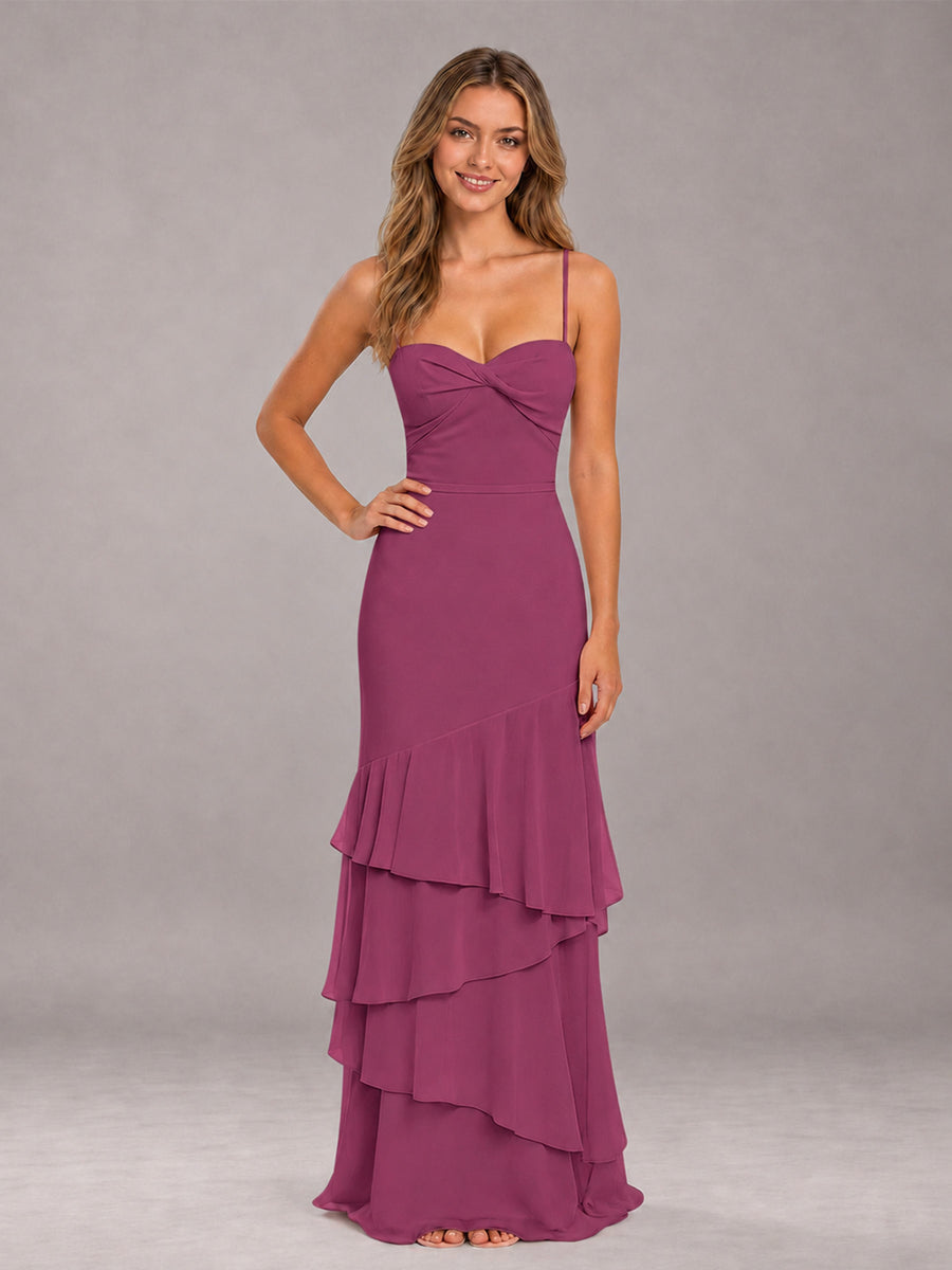 Desert Rose Spaghetti Straps Ruffled Chiffon Floor Length Bridesmaid Dress