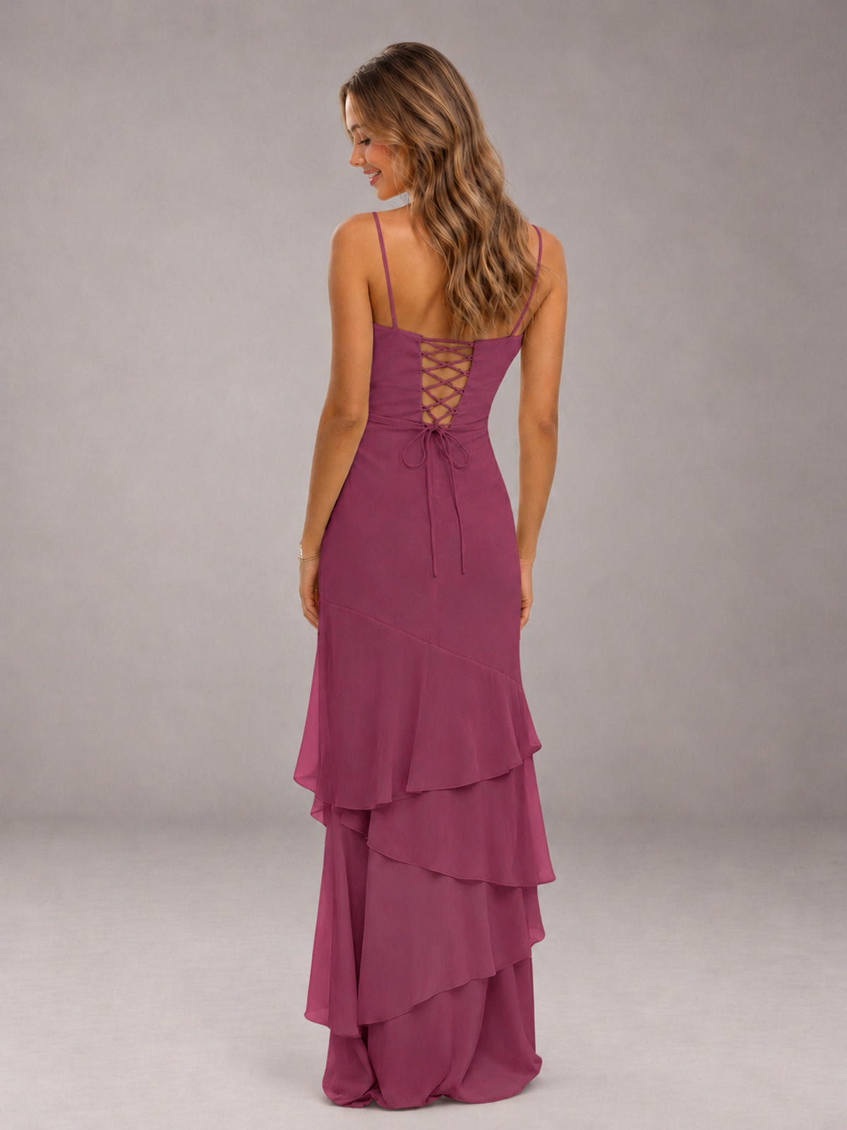 Desert Rose Spaghetti Straps Ruffled Chiffon Floor Length Bridesmaid Dress