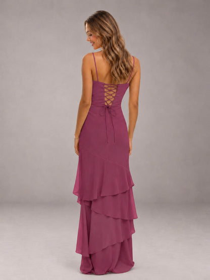 Desert Rose Spaghetti Straps Ruffled Chiffon Floor Length Bridesmaid Dress