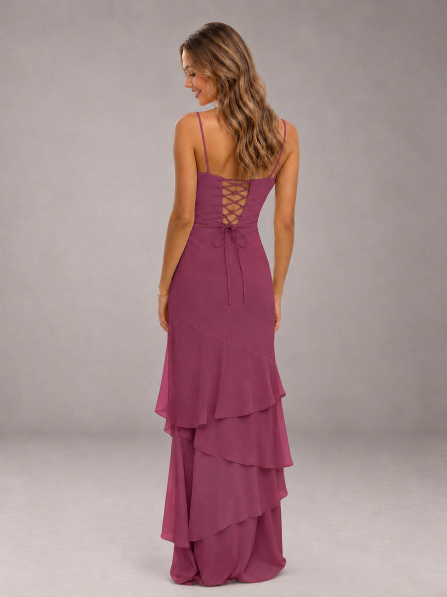 Desert Rose Spaghetti Straps Ruffled Chiffon Floor Length Bridesmaid Dress