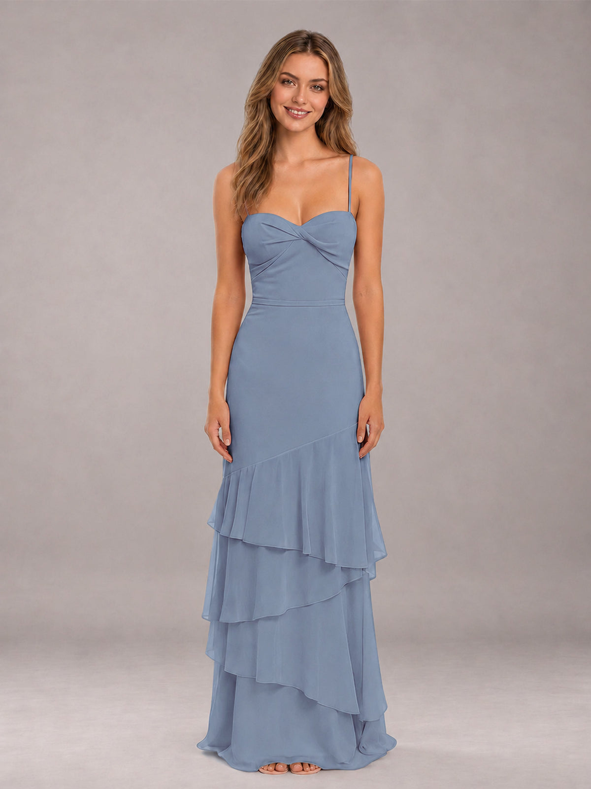 Dusty Blue Spaghetti Straps Ruffled Chiffon Floor Length Bridesmaid Dress