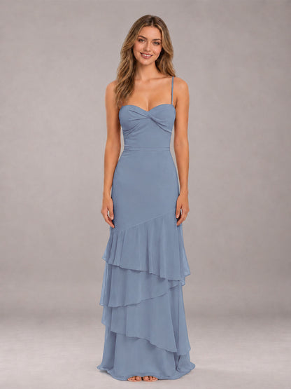 Dusty Blue Spaghetti Straps Ruffled Chiffon Floor Length Bridesmaid Dress