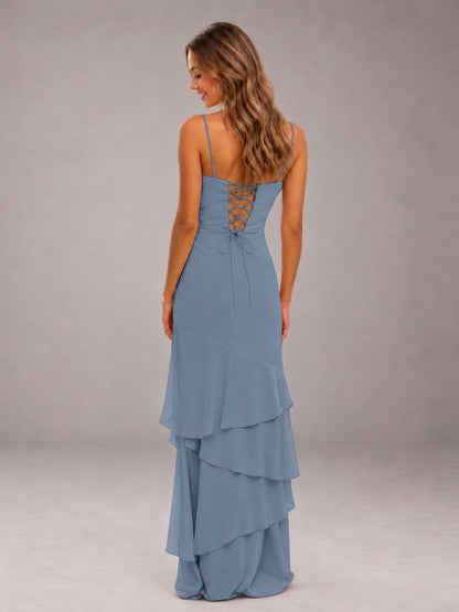 Dusty Blue Spaghetti Straps Ruffled Chiffon Floor Length Bridesmaid Dress