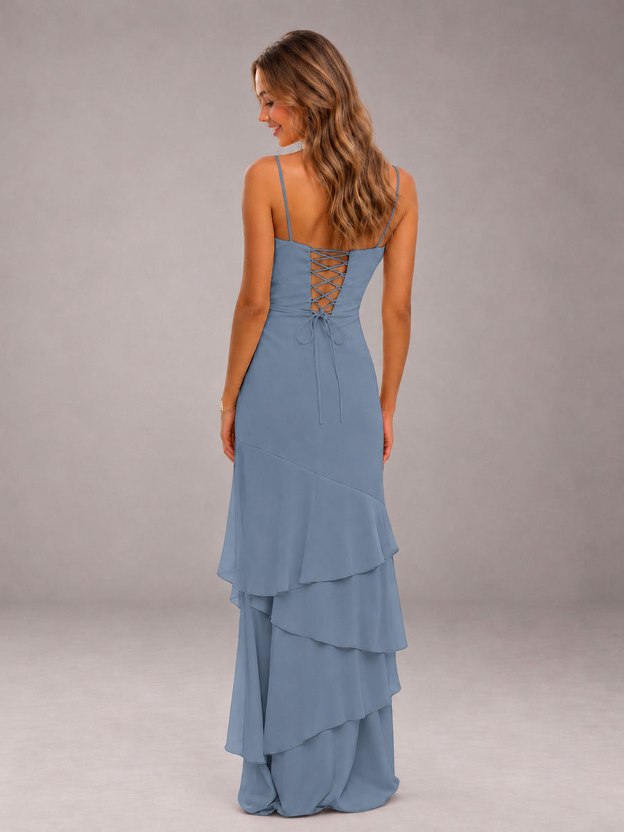 Dusty Blue Spaghetti Straps Ruffled Chiffon Floor Length Bridesmaid Dress