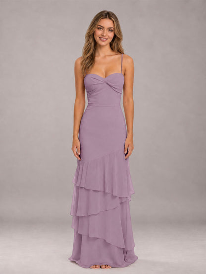 Dusty Purple Spaghetti Straps Ruffled Chiffon Floor Length Bridesmaid Dress