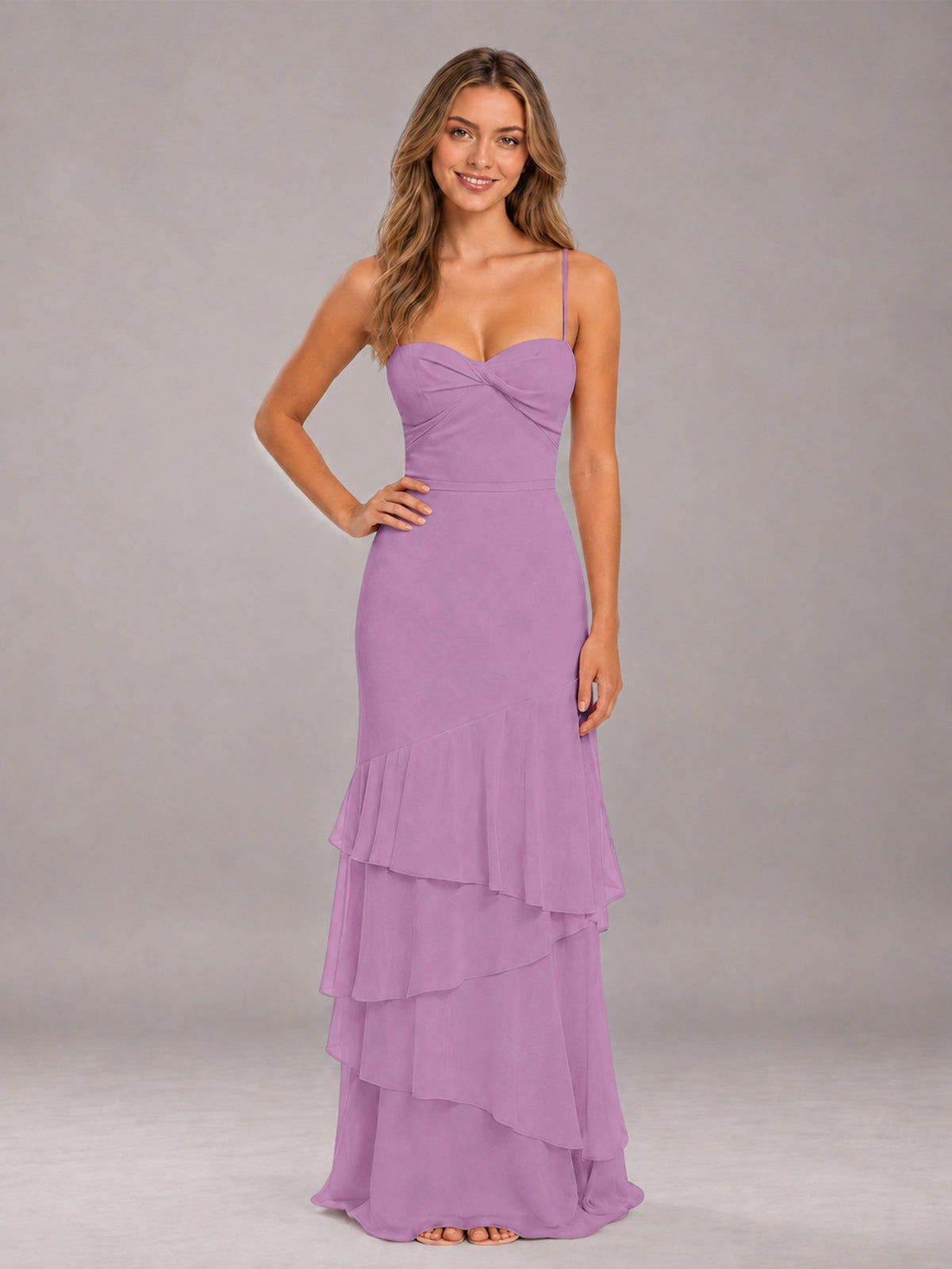 Dusty Purple Spaghetti Straps Ruffled Chiffon Floor Length Bridesmaid Dress