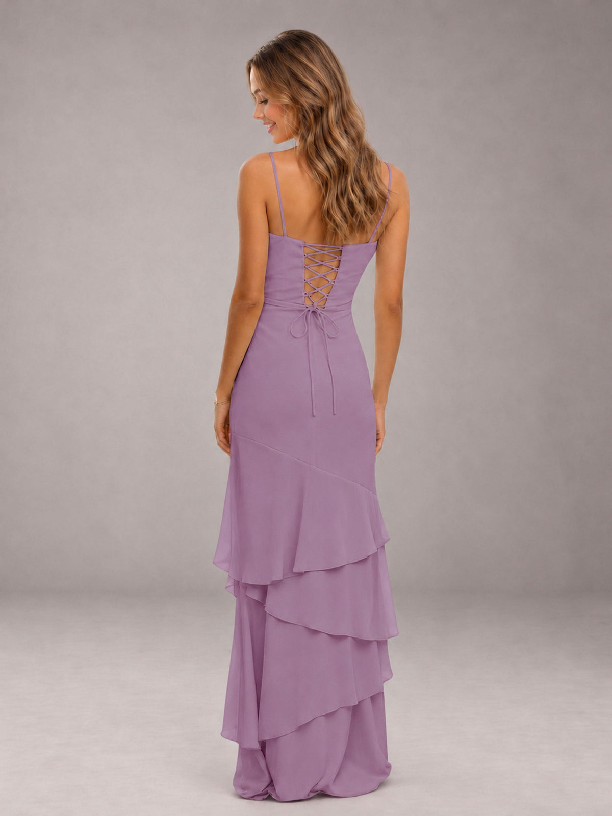 Dusty Purple Spaghetti Straps Ruffled Chiffon Floor Length Bridesmaid Dress