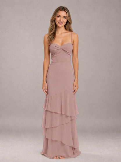 Dusty Rose Spaghetti Straps Ruffled Chiffon Floor Length Bridesmaid Dress