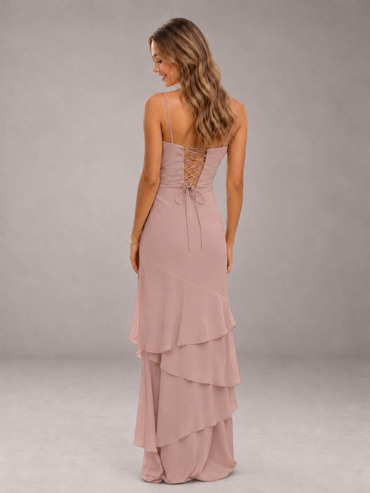 Dusty Rose Spaghetti Straps Ruffled Chiffon Floor Length Bridesmaid Dress
