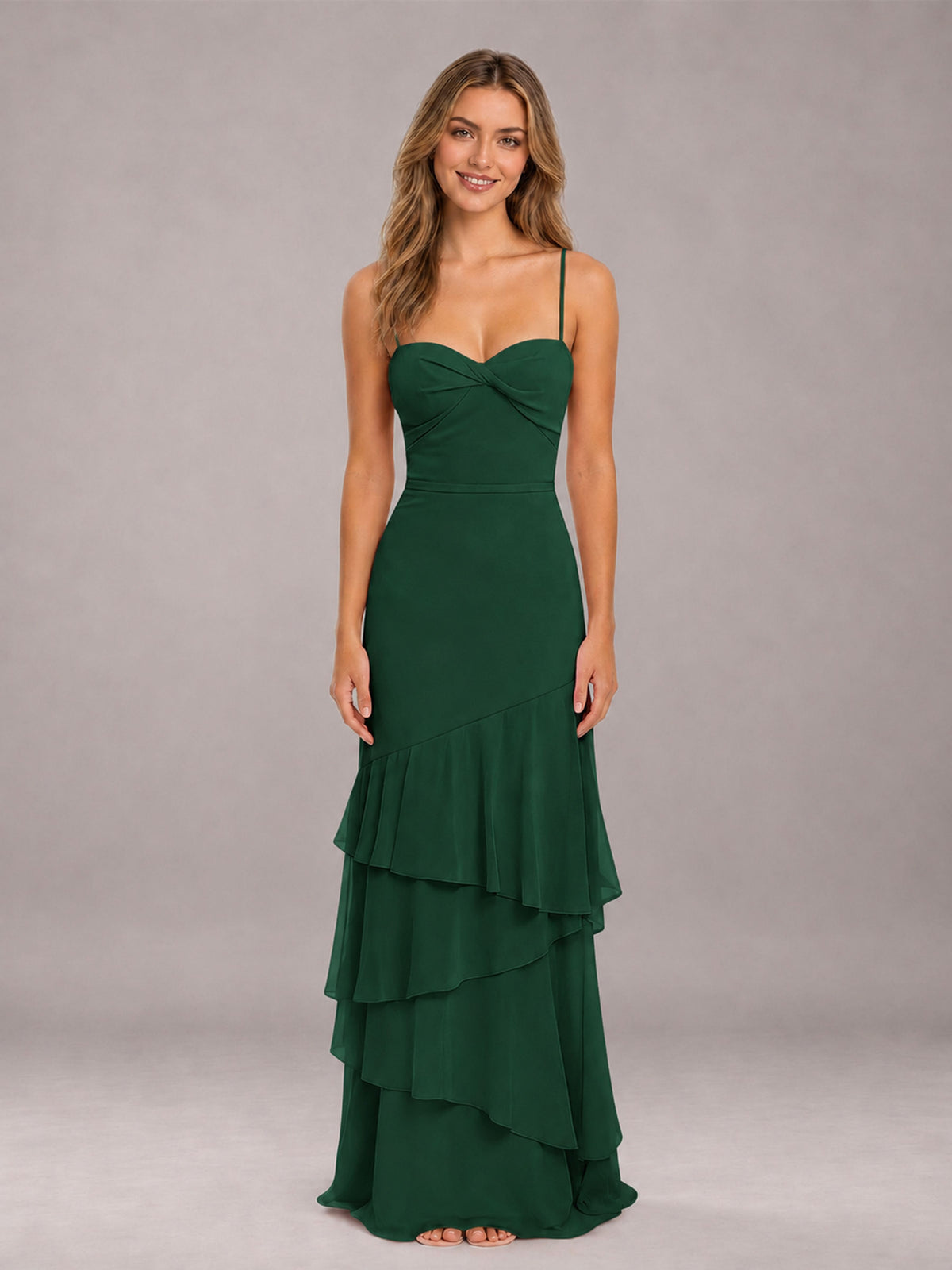 Emerald Green Spaghetti Straps Ruffled Chiffon Floor Length Bridesmaid Dress