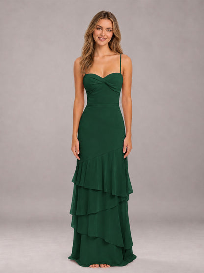 Emerald Green Spaghetti Straps Ruffled Chiffon Floor Length Bridesmaid Dress