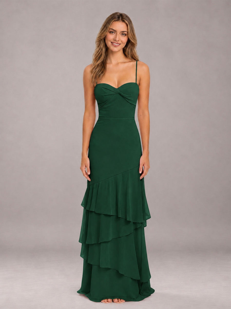 Emerald Green Spaghetti Straps Ruffled Chiffon Floor Length Bridesmaid Dress
