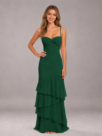 Emerald Green Spaghetti Straps Ruffled Chiffon Floor Length Bridesmaid Dress