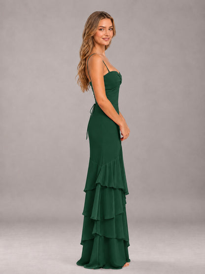 Emerald Green Spaghetti Straps Ruffled Chiffon Floor Length Bridesmaid Dress