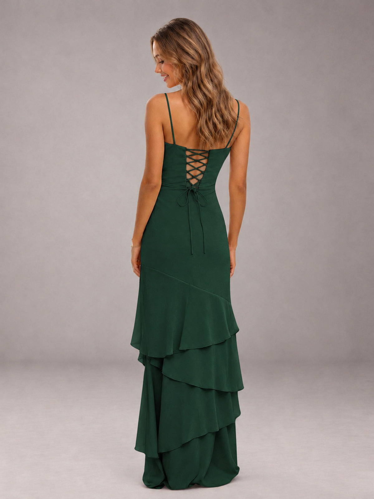 Emerald Green Spaghetti Straps Ruffled Chiffon Floor Length Bridesmaid Dress