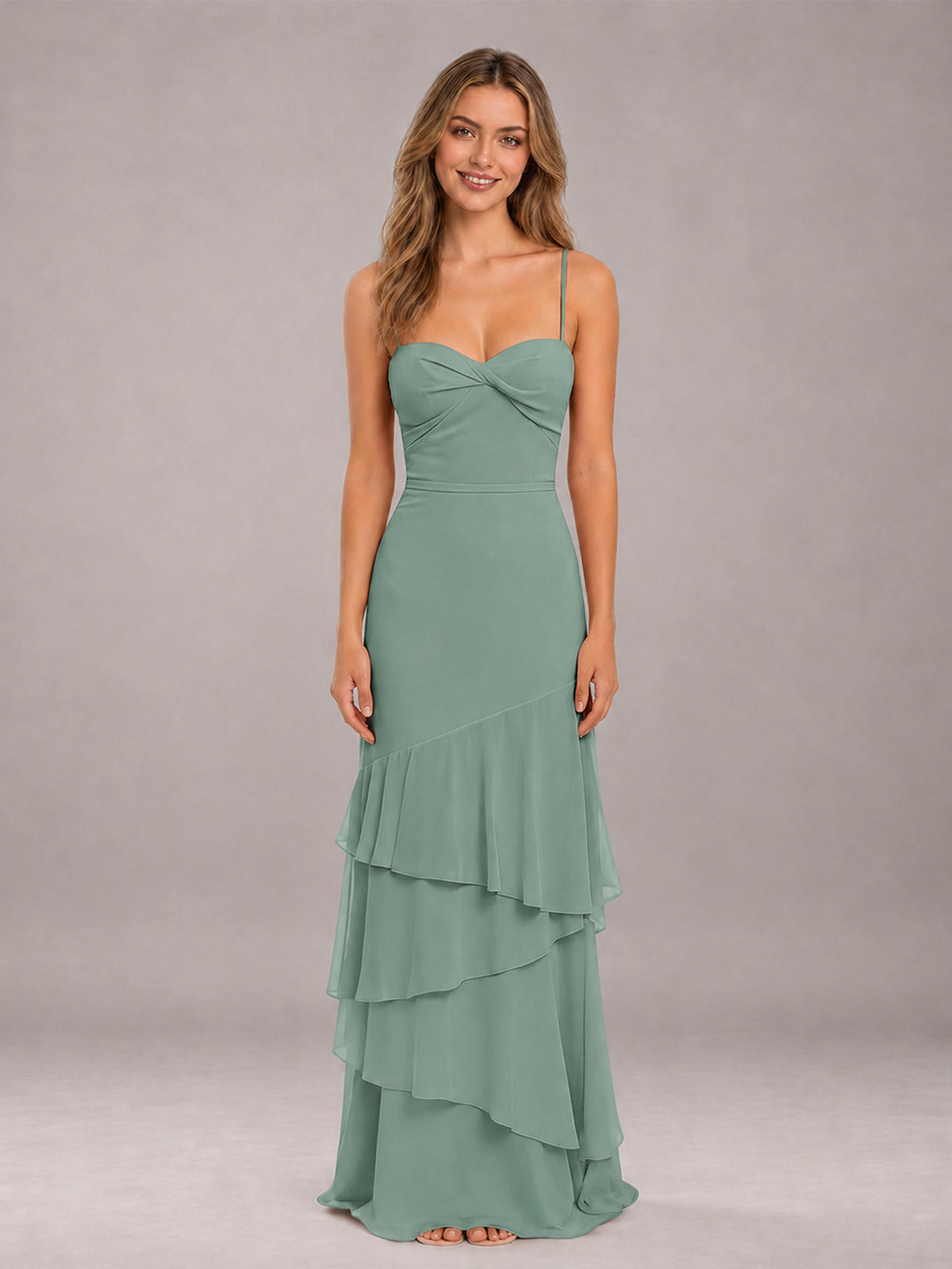 Eucalyptus Spaghetti Straps Ruffled Chiffon Floor Length Bridesmaid Dress