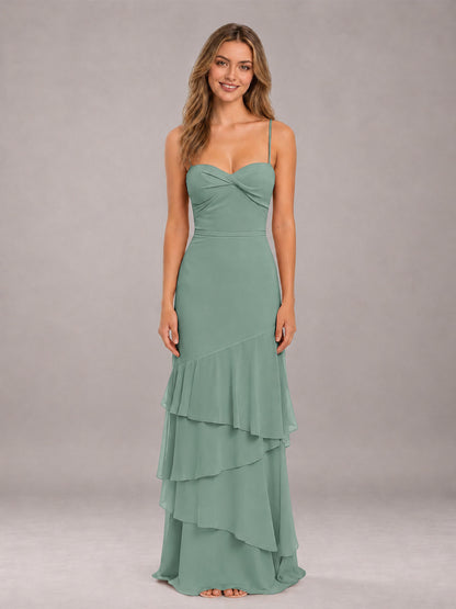 Eucalyptus Spaghetti Straps Ruffled Chiffon Floor Length Bridesmaid Dress