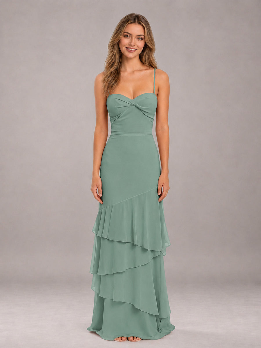 Eucalyptus Spaghetti Straps Ruffled Chiffon Floor Length Bridesmaid Dress