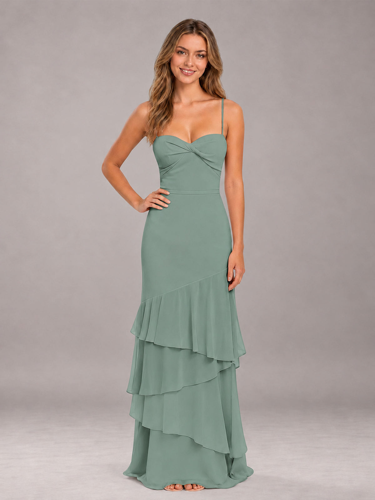 Eucalyptus Spaghetti Straps Ruffled Chiffon Floor Length Bridesmaid Dress