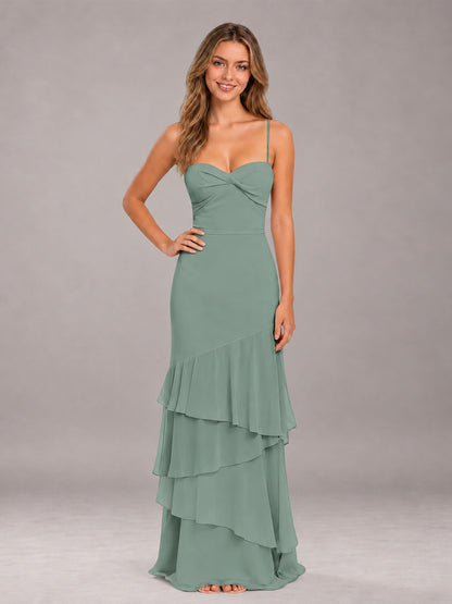 Eucalyptus Spaghetti Straps Ruffled Chiffon Floor Length Bridesmaid Dress